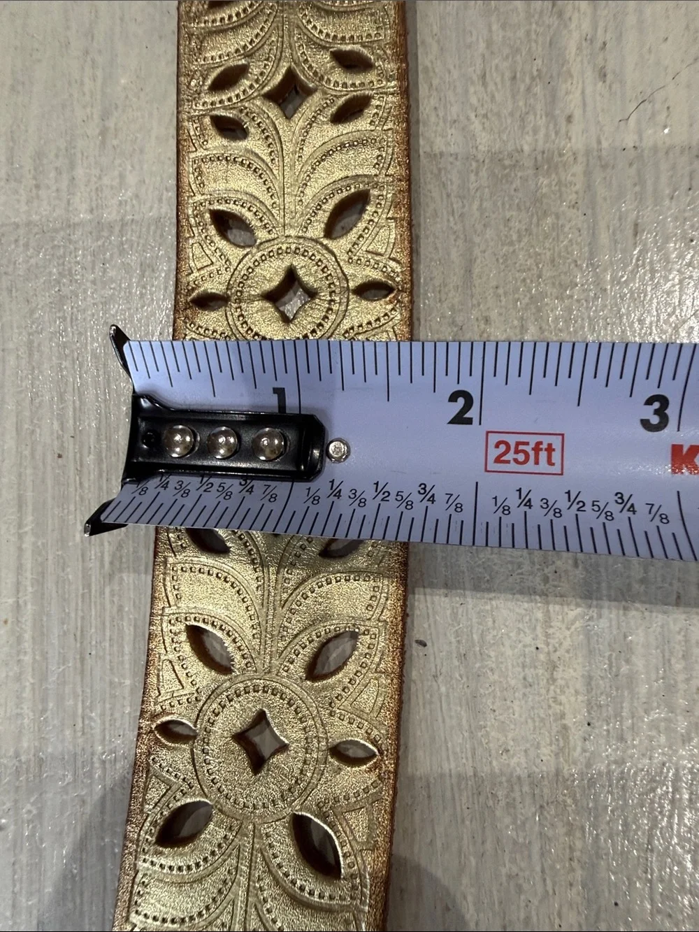 Vintage Fossil Gold Floral Laser-Cut Leather Belt with Brass Buckle